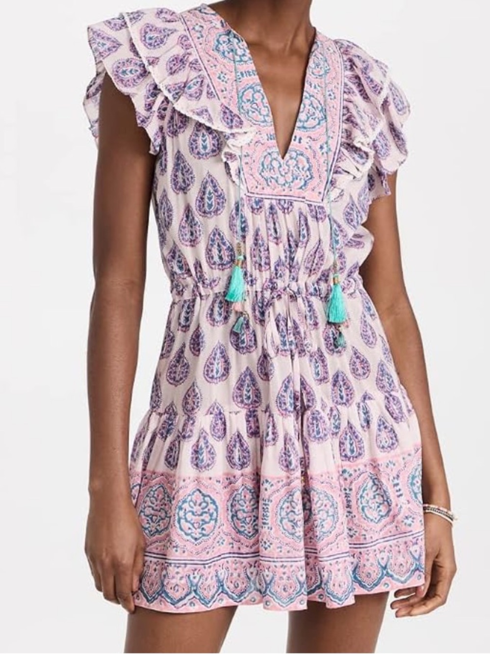 BELL women’s Kerry Mini Dress Paisley Ruffle Dress with Tassel cotton silk XS